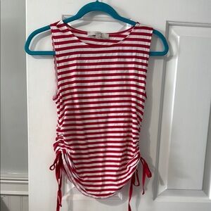 LOFT Red and White Ruched Tie Front Tank Top
